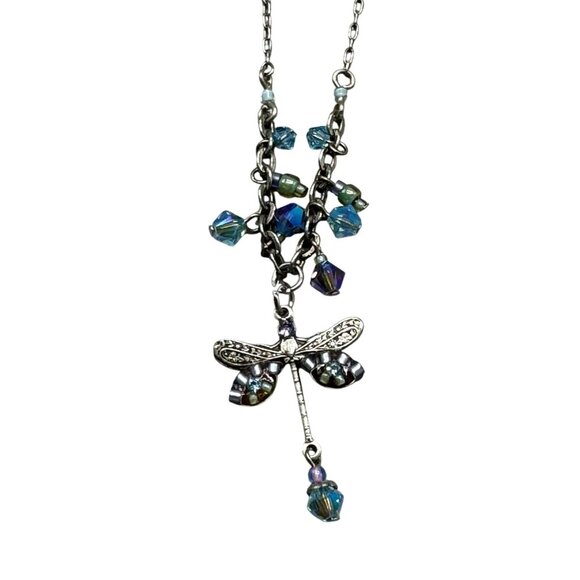 Dragonfly Pendant Necklace With Iridescent Beads On Silver Chain By Firefly Jewe - Picture 1 of 7